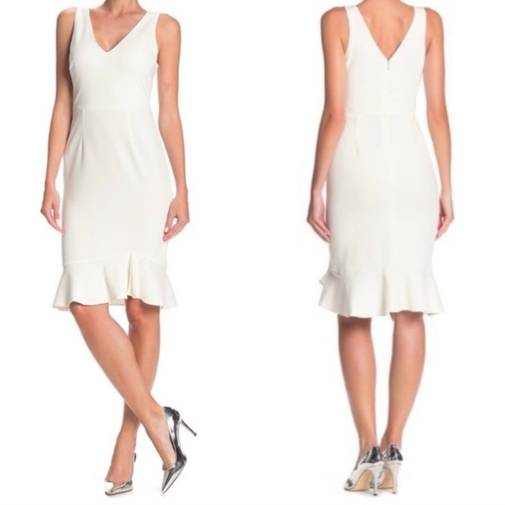 Betsey Johnson White scuba crepe dress v-neckline ruffled hem Derby Bridal Grad
